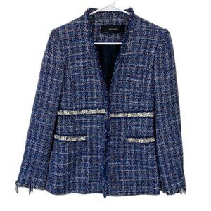 ZARA Blazer‎ Jacket Women’s Blue Tweed Pearl Trim Cropped Elegant Chic Style M